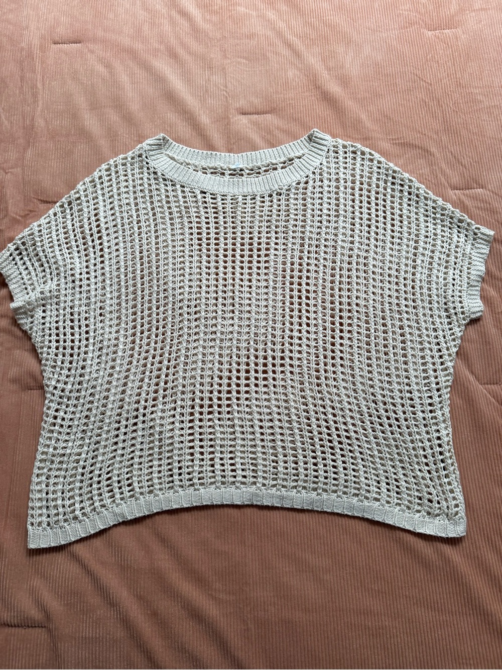Open Knit Boxy Short Sleeve Sweater - Light Beige